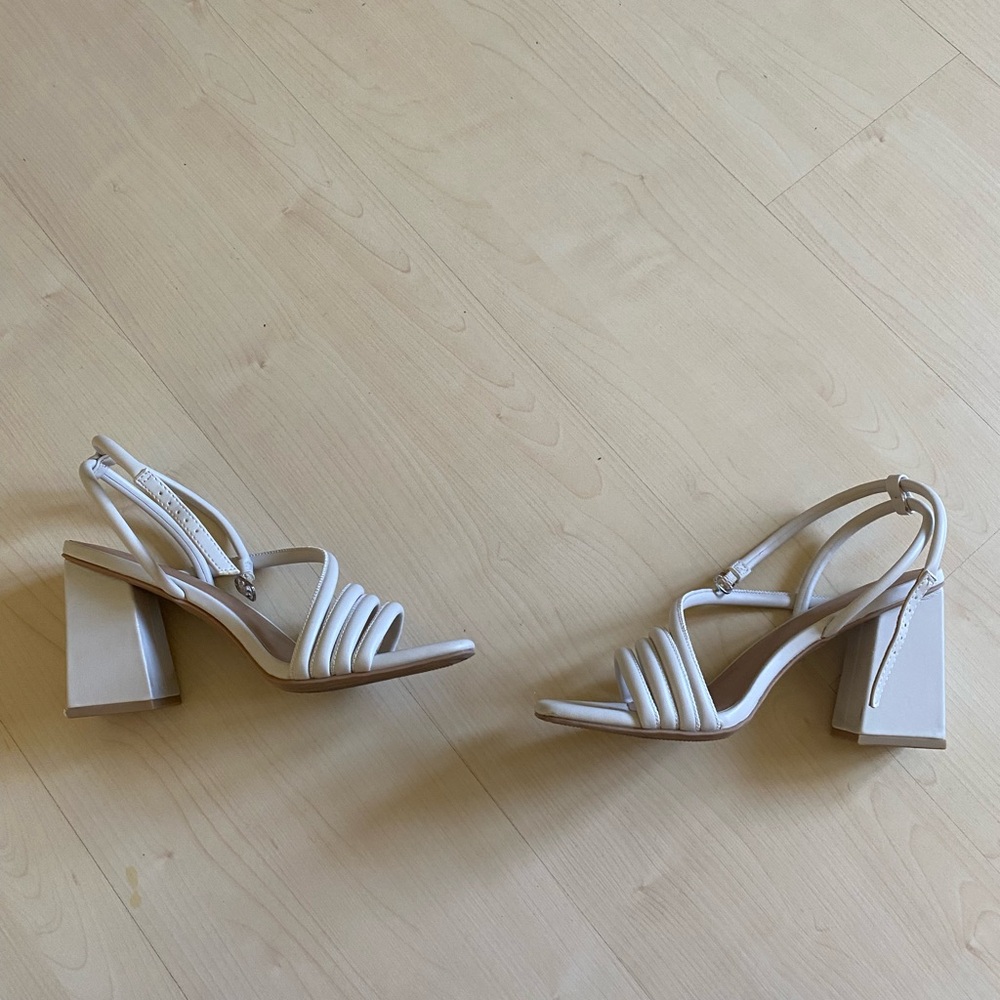 White strappy block heels